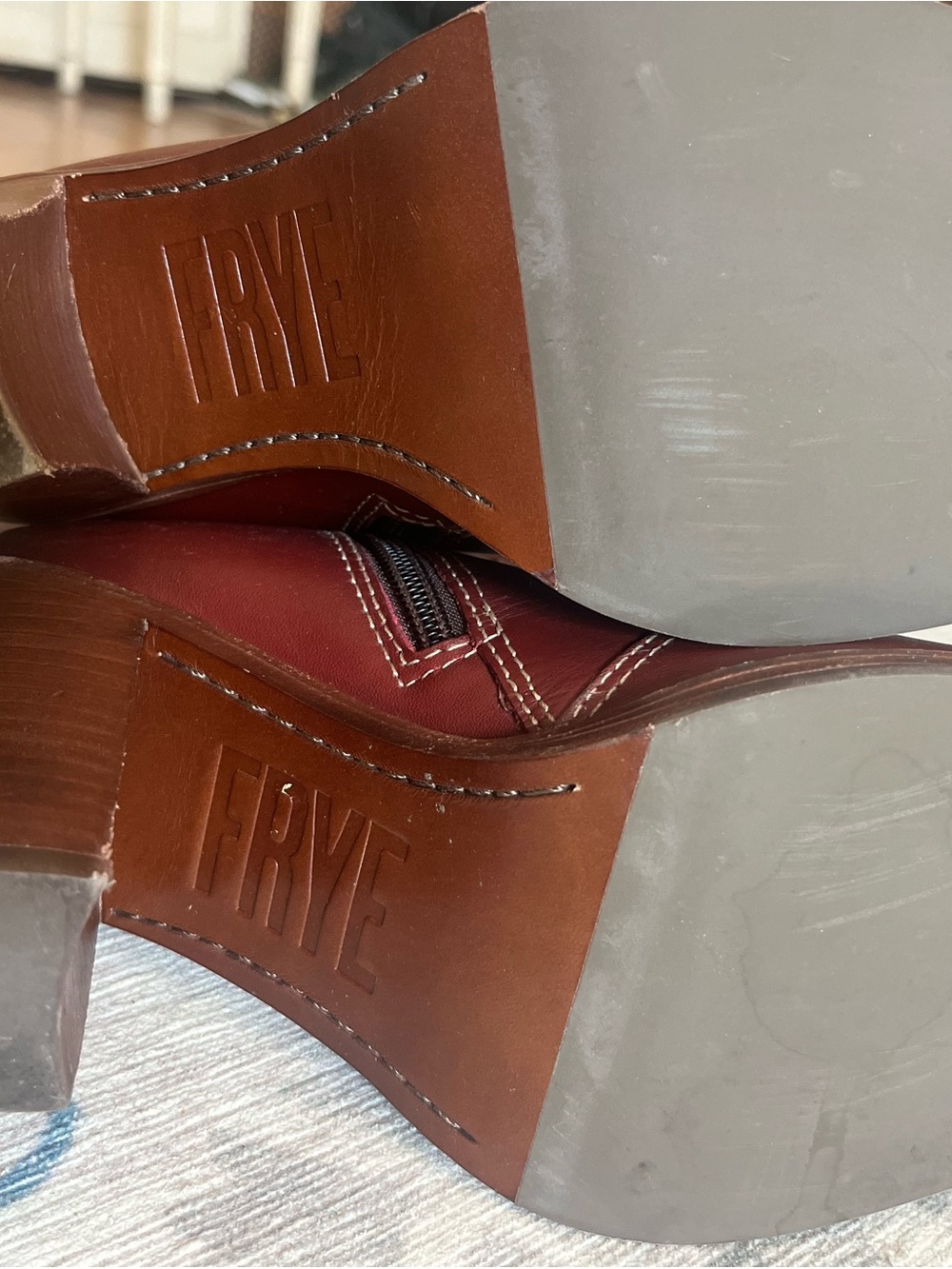 FRYE AND CO. Corinne Tall Deco Stitch Burgundy Leather Knee-High Heeled Boots - Picture 6 of 10